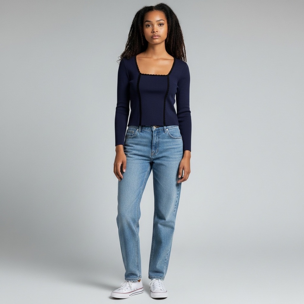 Sandro Deep Blue Blouse with Black Accents